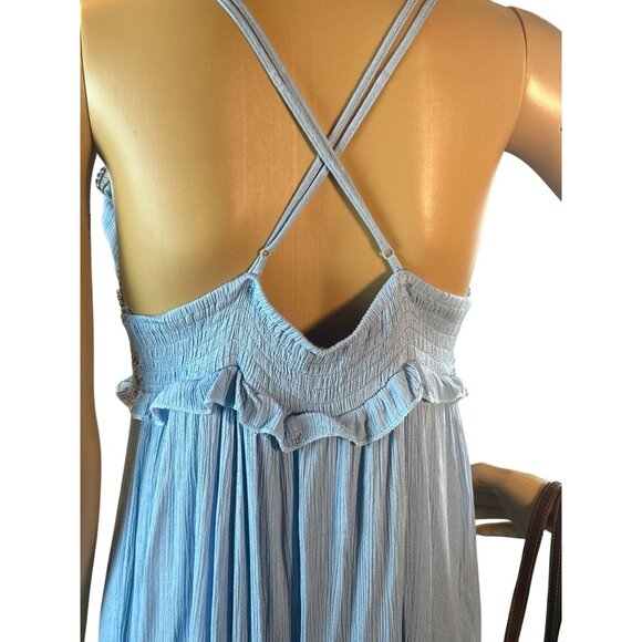 Womens Plunge Gauzy Maxi Dress Medium Baby Blue Crochet Lagenlook Boho - Picture 8 of 8
